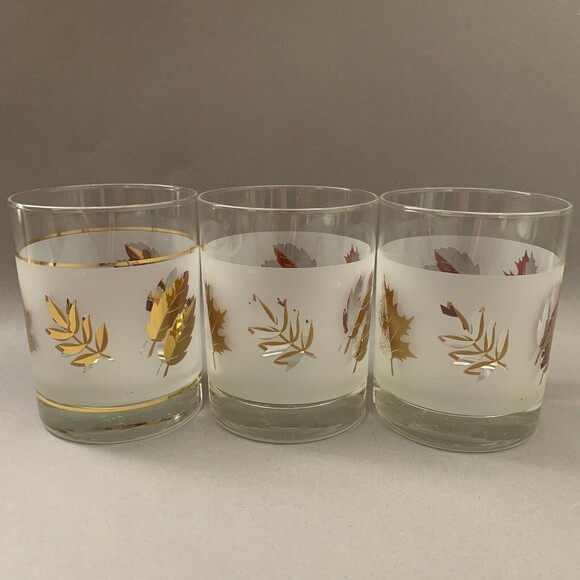 Libbey Double Old Fashioned Frost Gold Leaves Glasses 4 1/8" High Lot of 3 - Picture 4 of 10